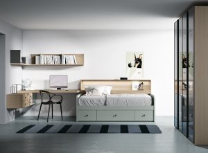 Composición moderna y versátil que combina descanso, estudio y almacenaje en un espacio perfectamente organizado